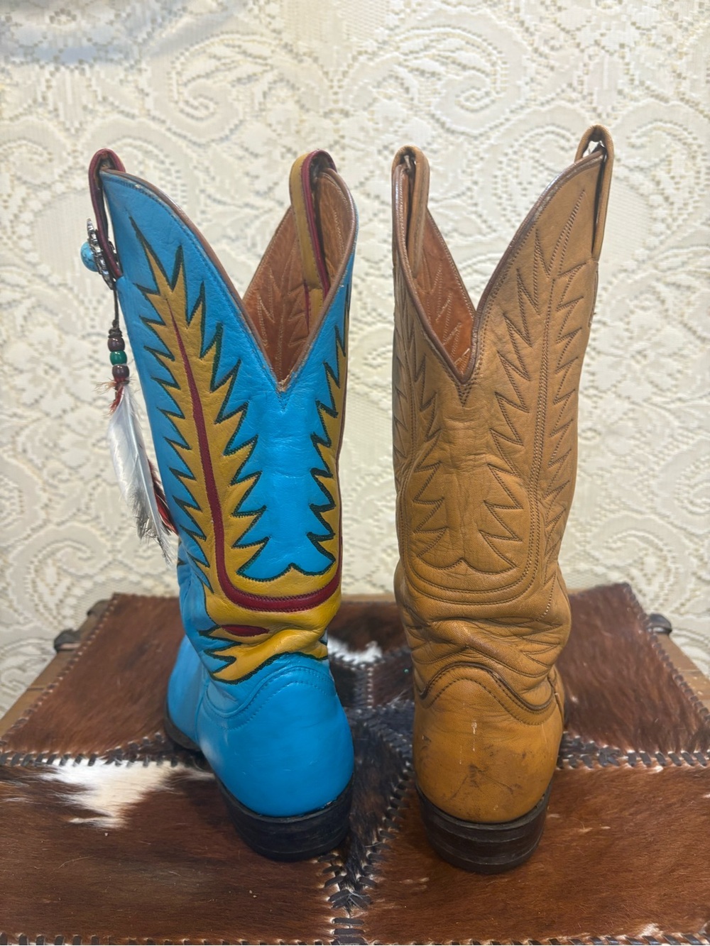 Hand Painted TonyLama Turquoise and Yellow Western Feathered Cowboy Boots size 8 - Picture 14 of 16